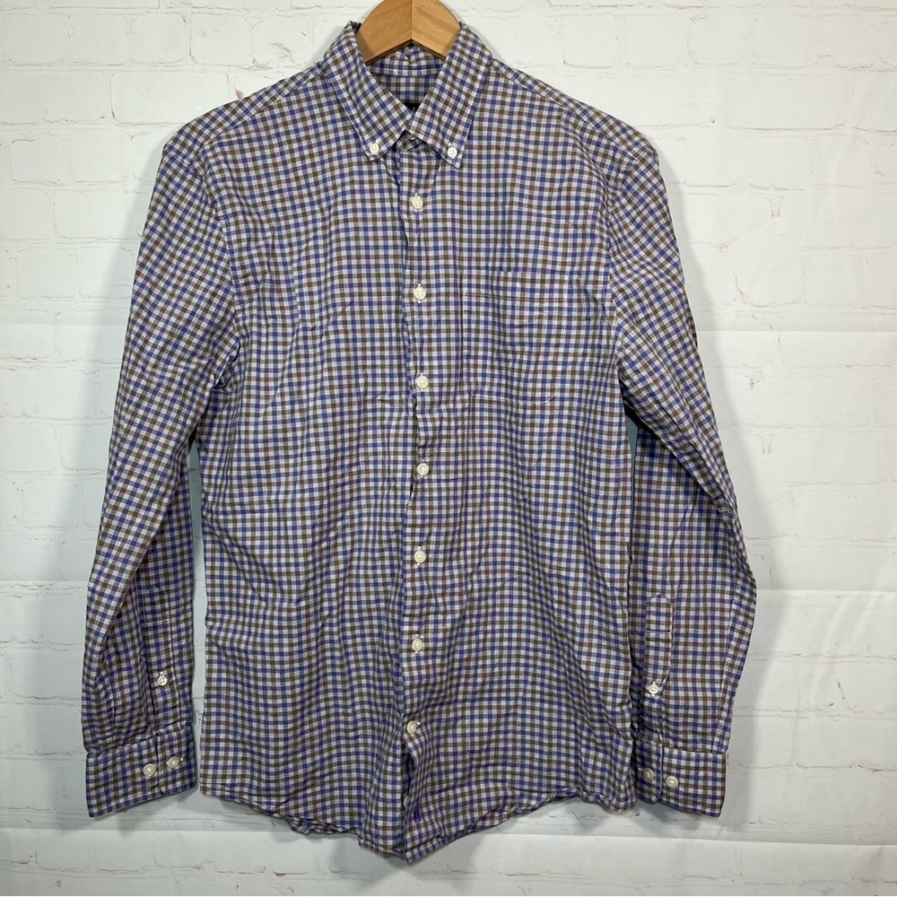 Johnnie-O Check Plaid Button Up Shirt Mens Size Small Purple Brown Cotton